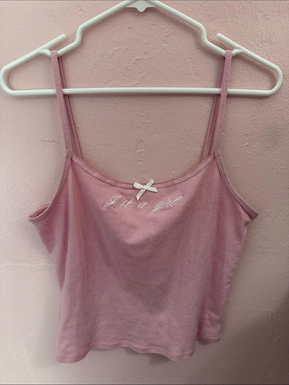 Baby Pink "Just a Girl" Spaghetti Strap Crop Tank Top